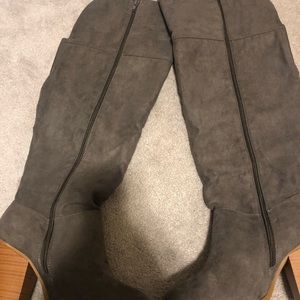 Over the knee gray block heel boots